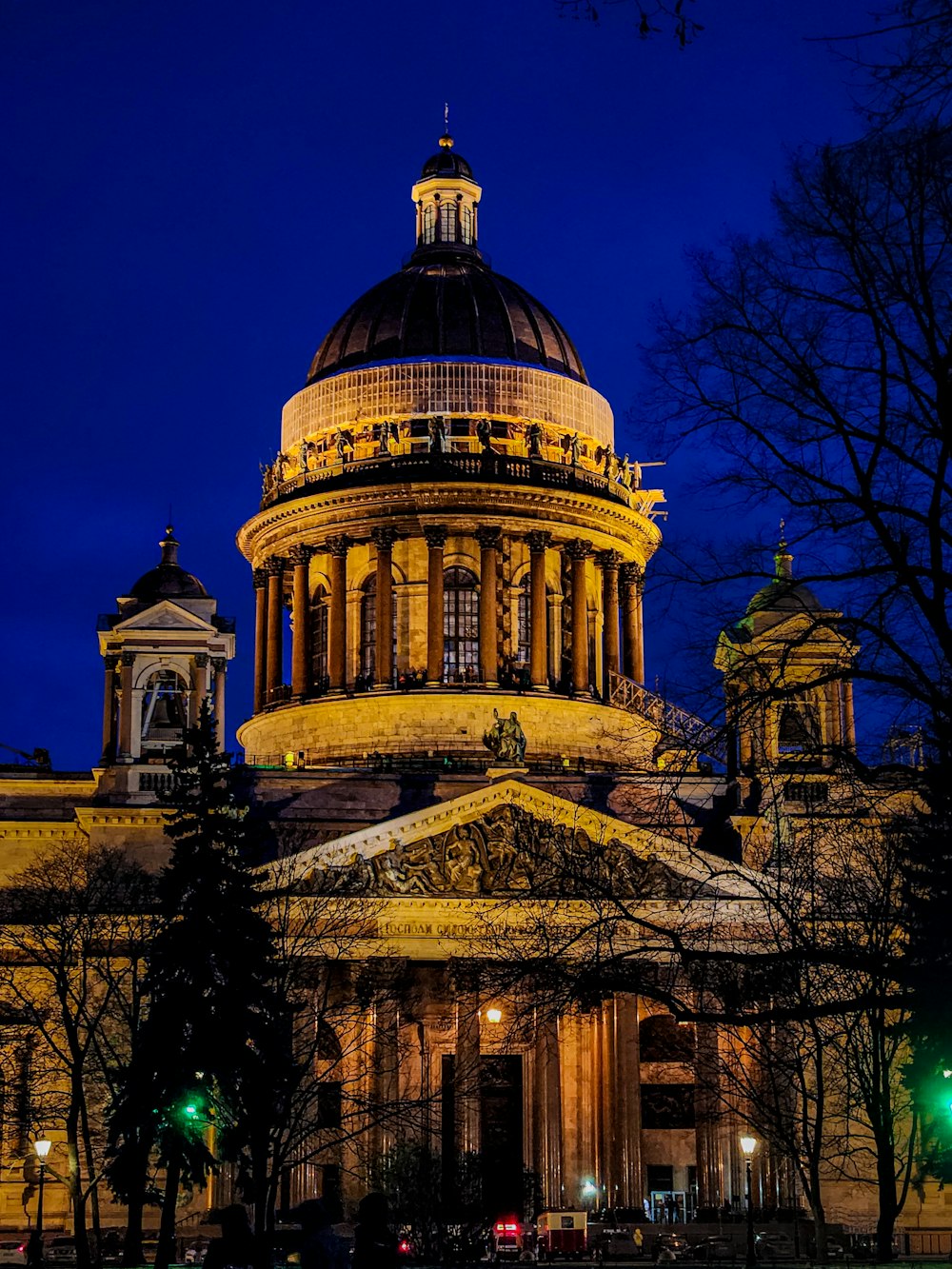 the dome of a building lit up at night