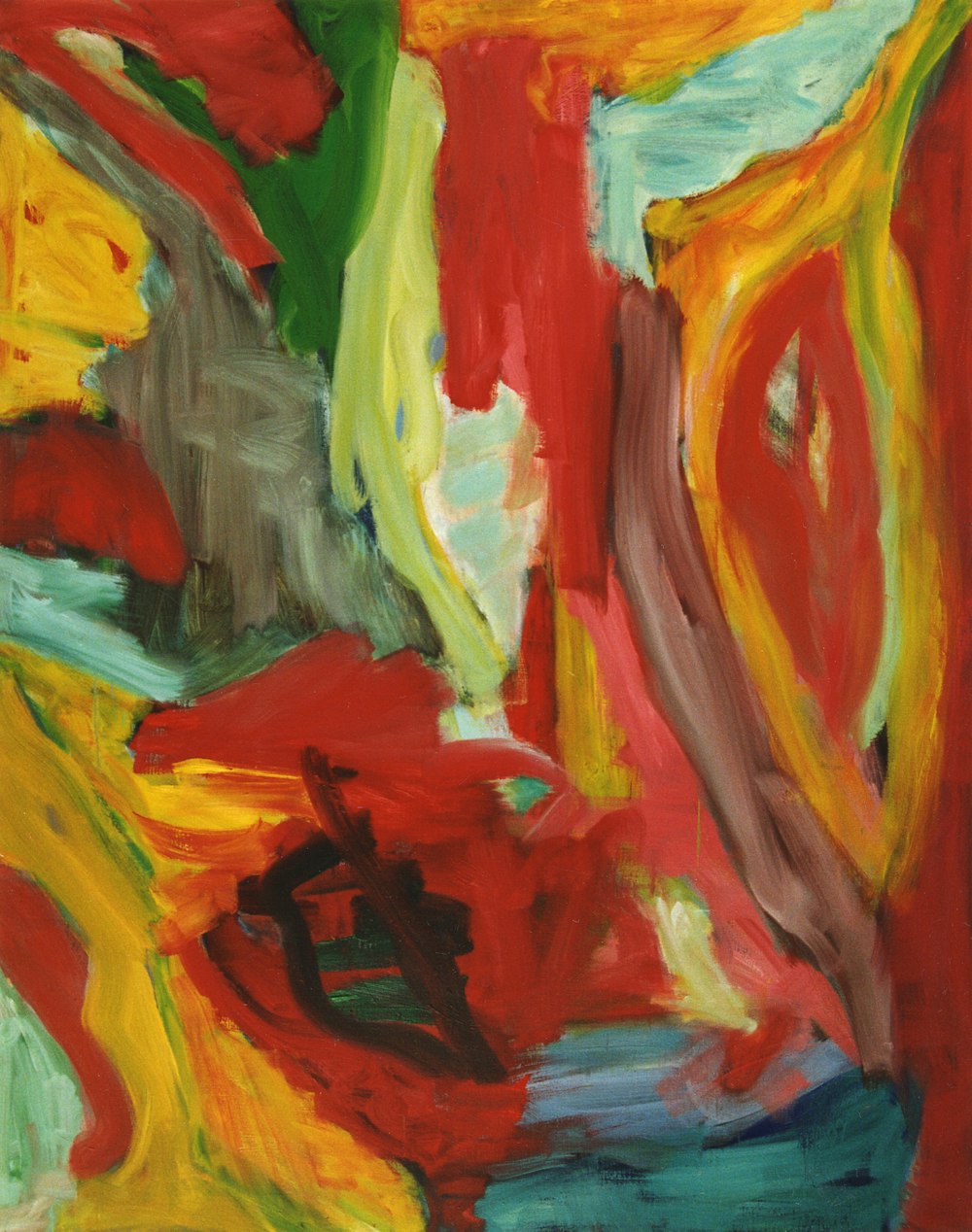an abstract painting of red, yellow, and green colors