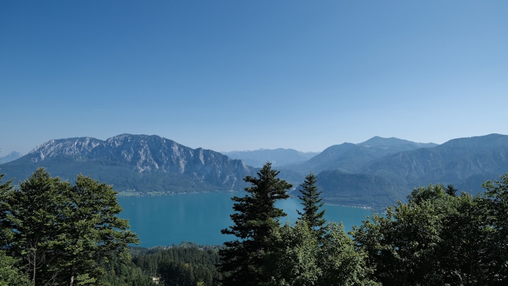 a scenic view of a lake surrounded by mountains