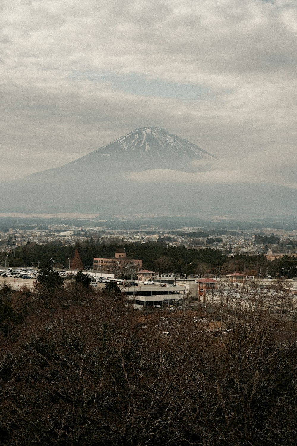 a view of a city with a mountain in the background