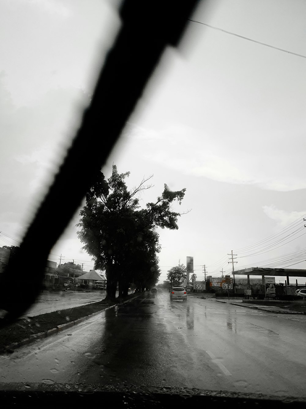 a black and white photo of a wet street