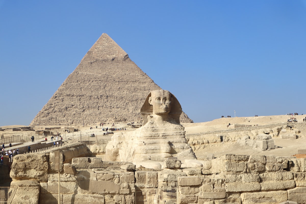 The Great Sphinx and pyramids of Giza on a clear day in Egypt