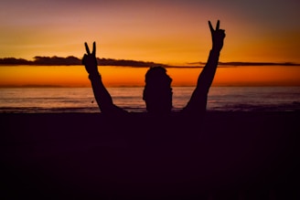 a person on a beach with their hands in the air