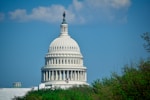 the dome of the u s capitol building is seen through the trees