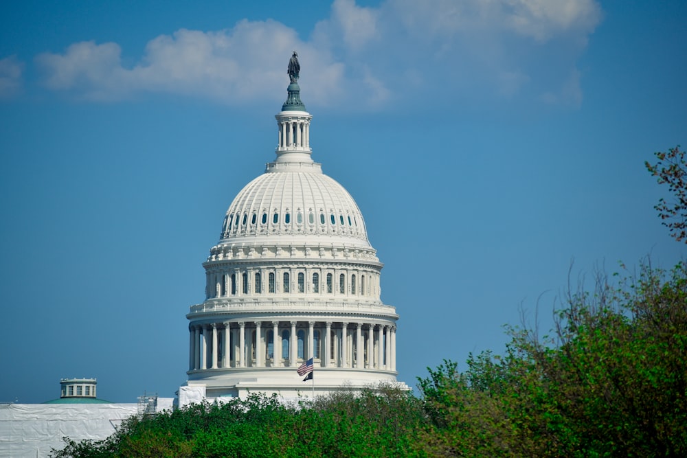 the dome of the u s capitol building is seen through the trees