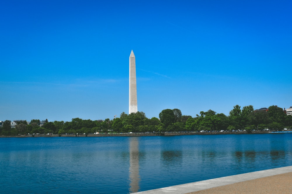 a view of the washington monument from across the water