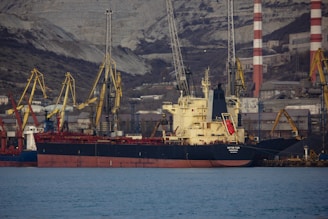 a large cargo ship in a harbor with mountains in the background