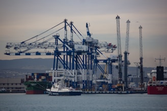 a large cargo ship in the water with a lot of cranes in the background