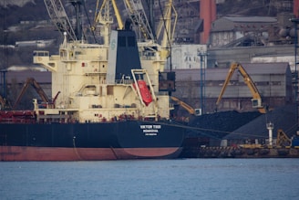 a large boat in the water near a dock