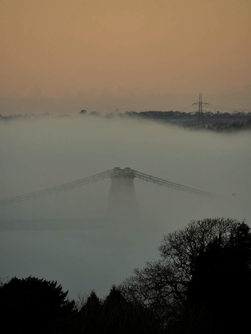 Un pont au milieu d’un champ brumeux