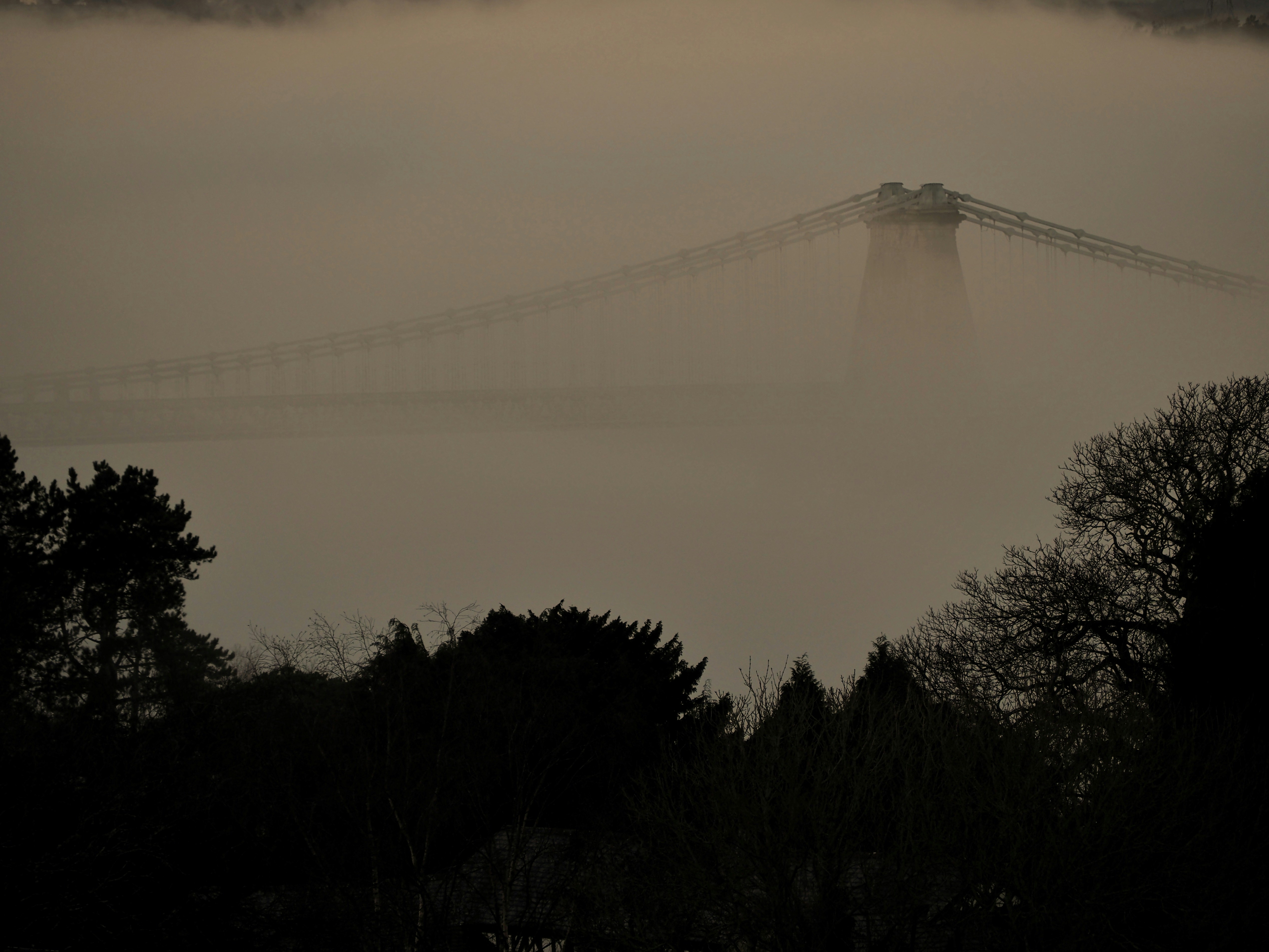 a foggy view of a bridge in the distance