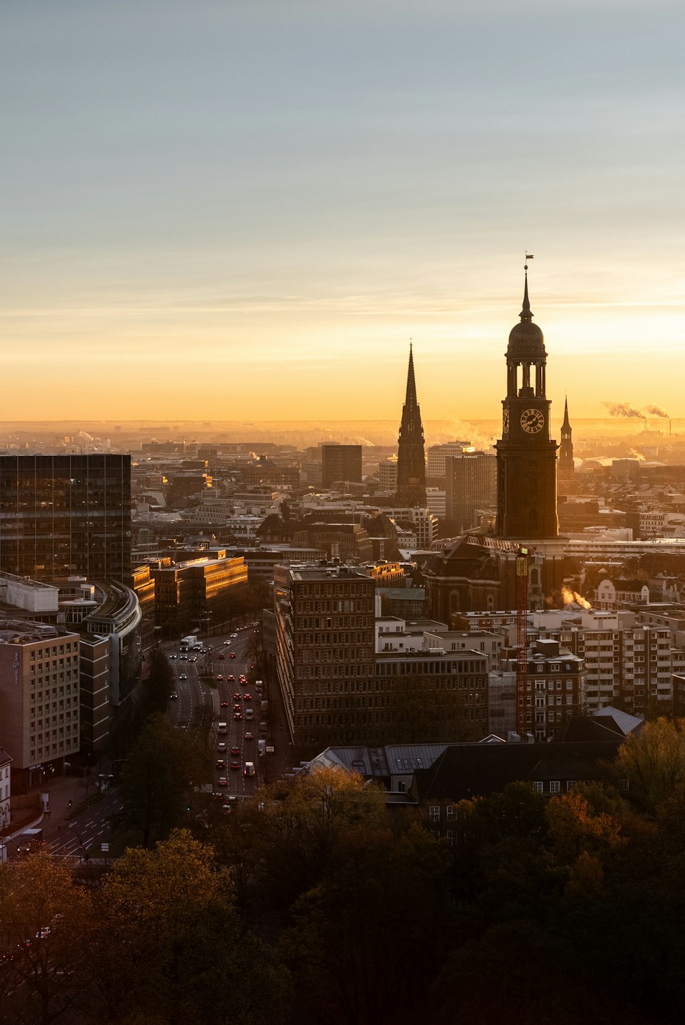 a view of a city with a clock tower