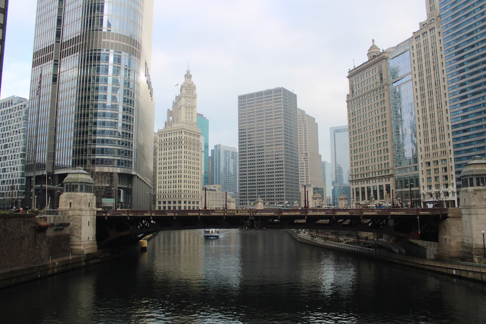 a river running through a city with tall buildings