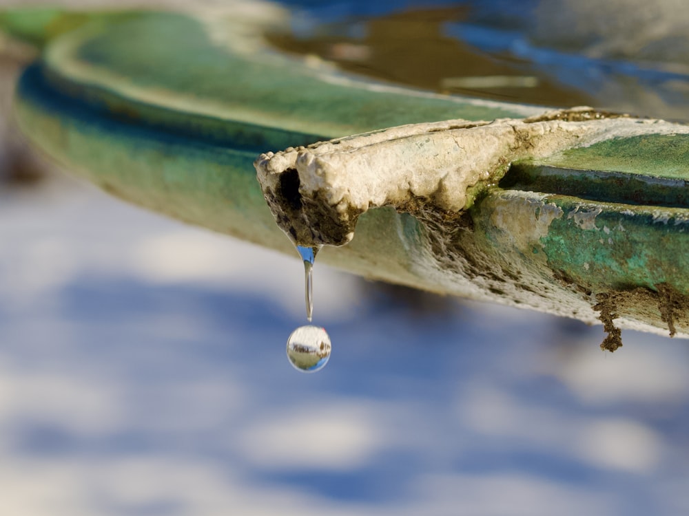 a drop of water hanging from a piece of wood