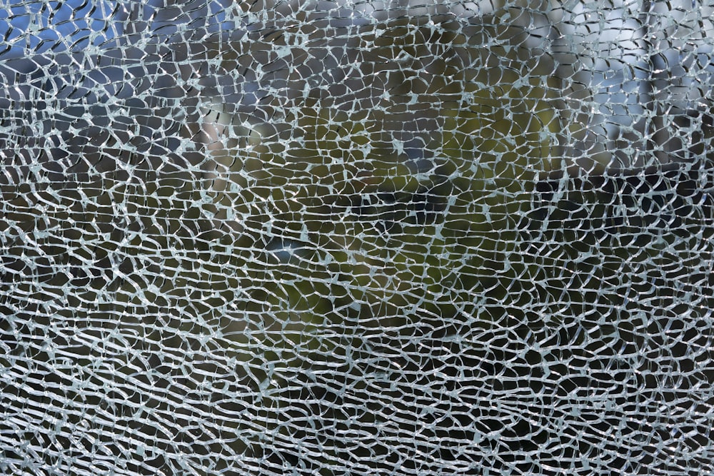 a close up of a broken glass window