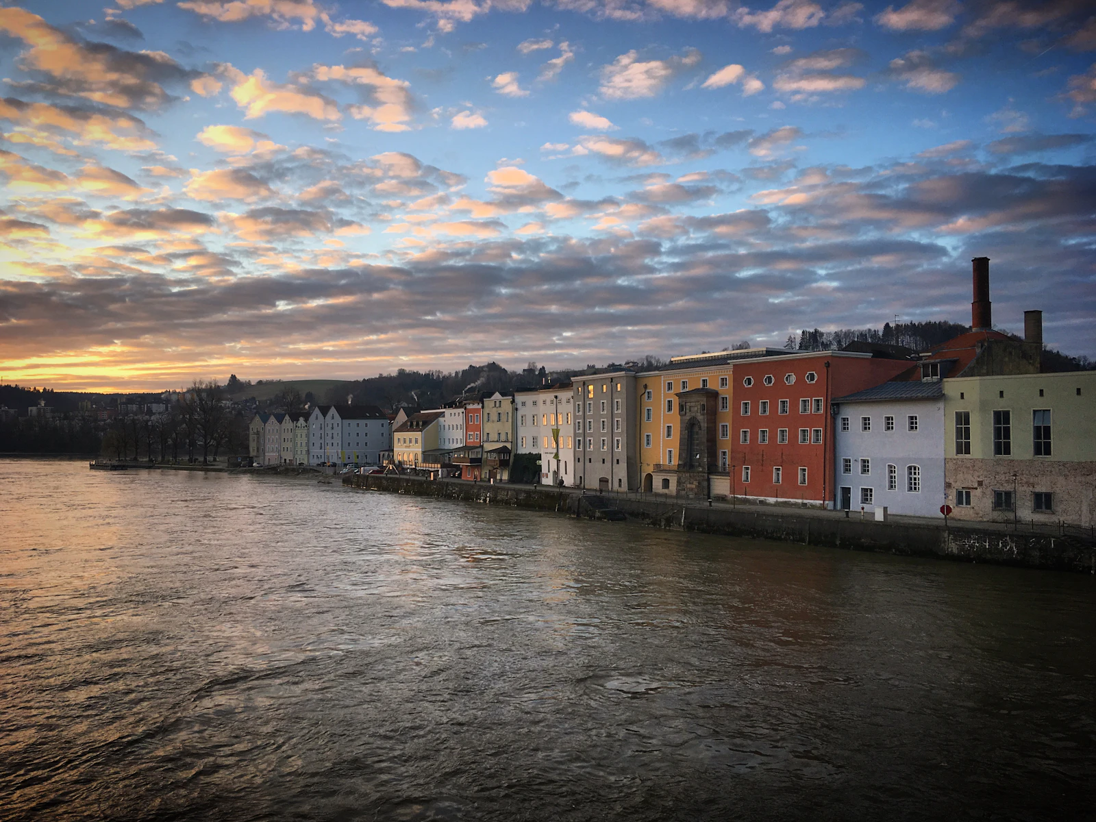 Sunset over the Danube with a Bavarian riverside town in the distance