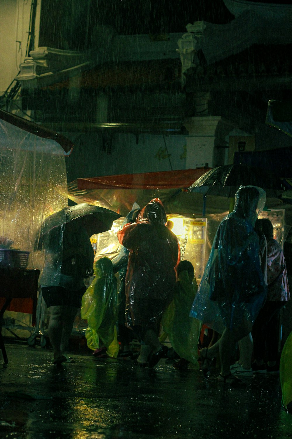 a group of people walking in the rain with umbrellas