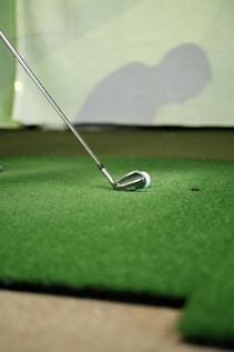 a golf ball and a golf club on a putting green