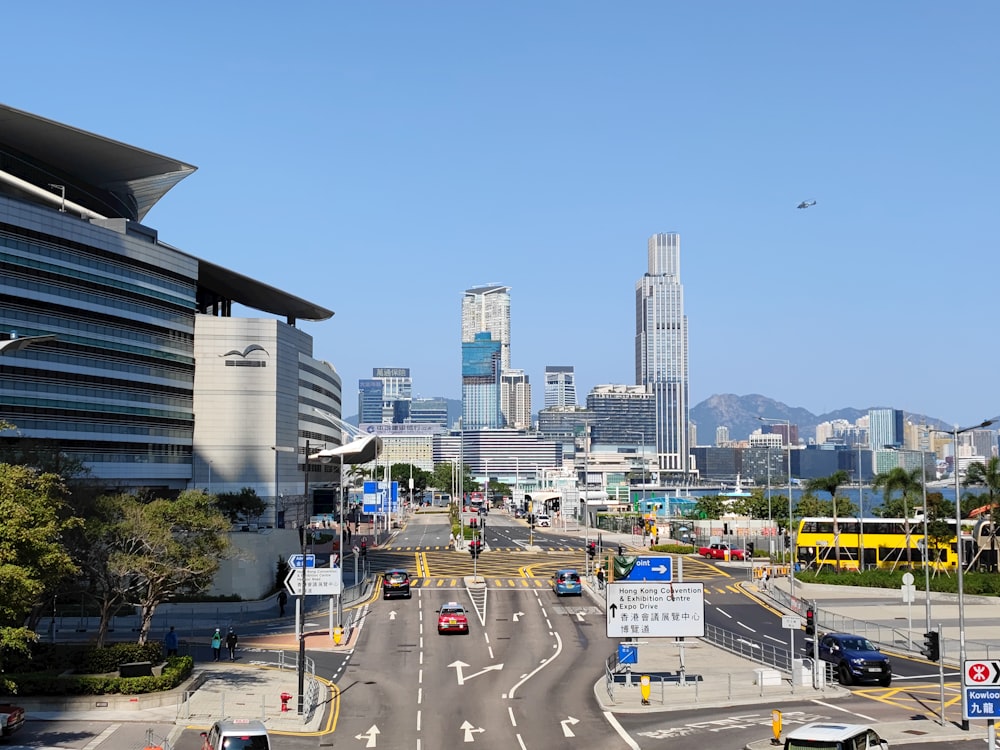 a view of a city street with a lot of traffic