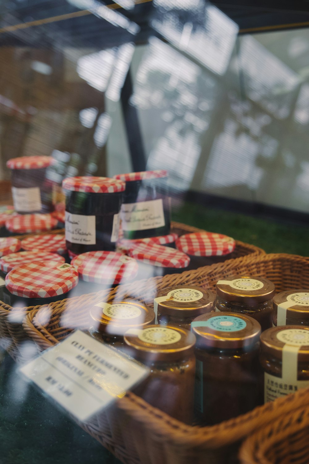 a display of jams in a store window