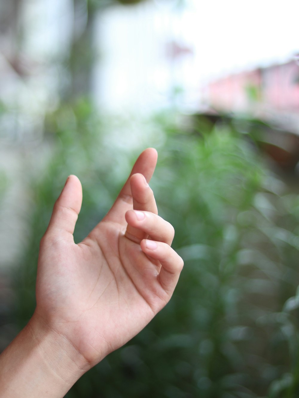 a person is holding their hand up in the air