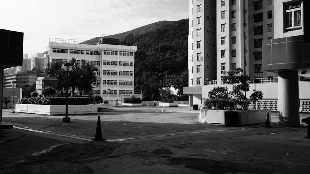 a black and white photo of a parking lot