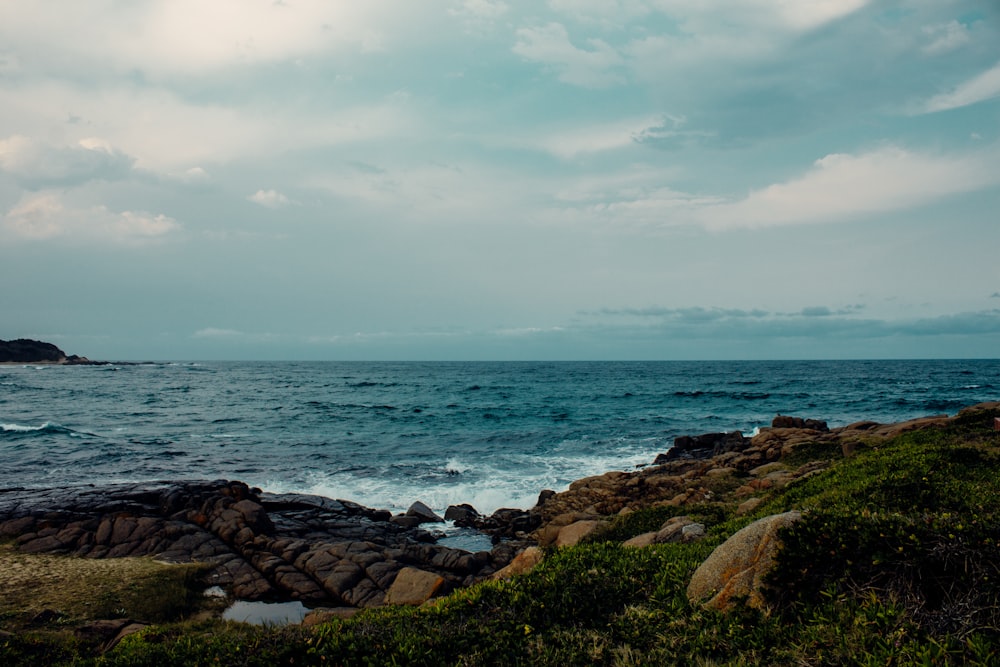 a body of water sitting next to a lush green hillside