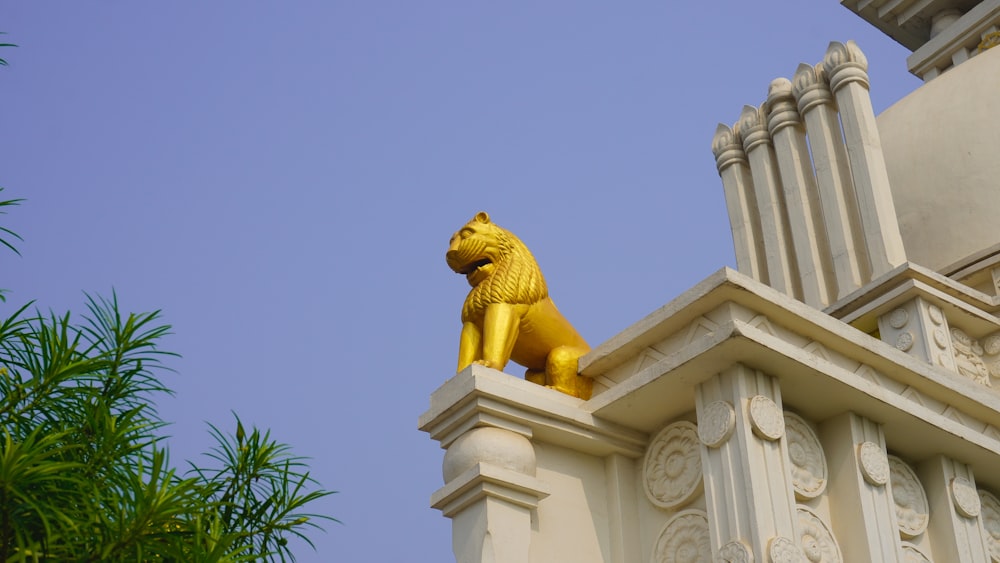 a golden lion statue sitting on top of a building