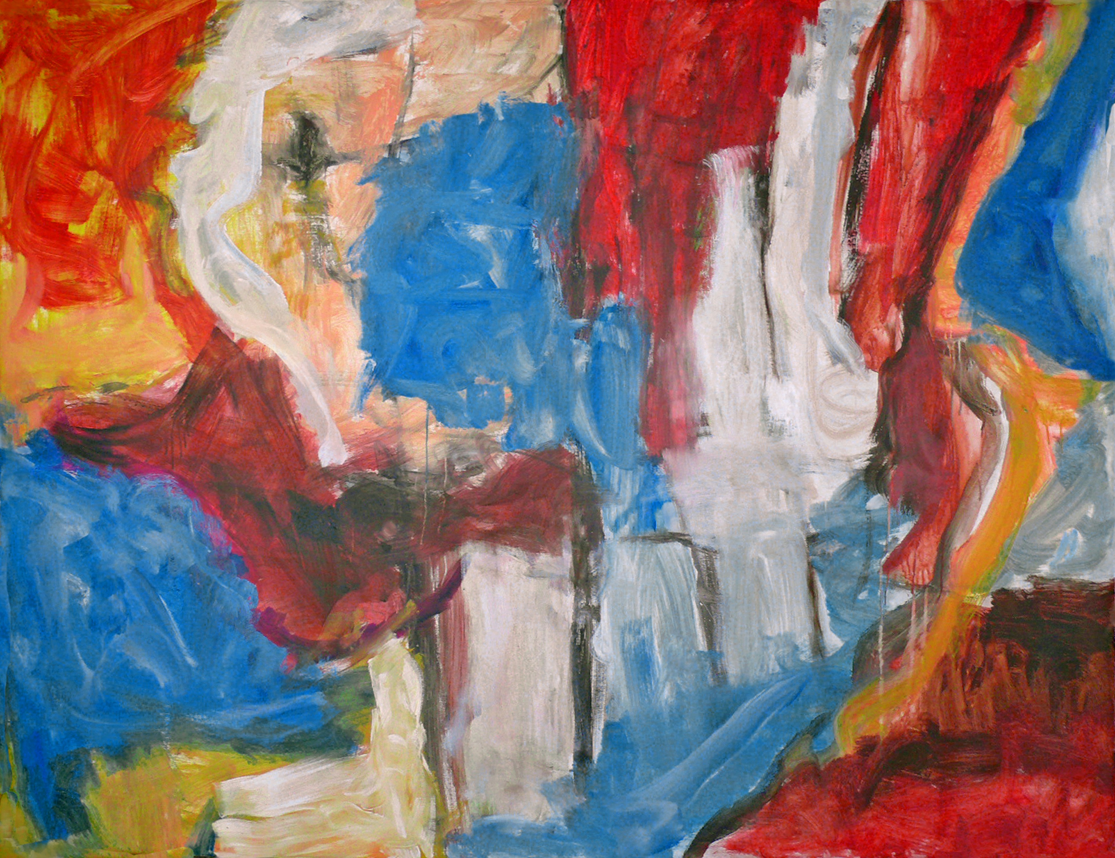 an abstract painting of red, white, and blue