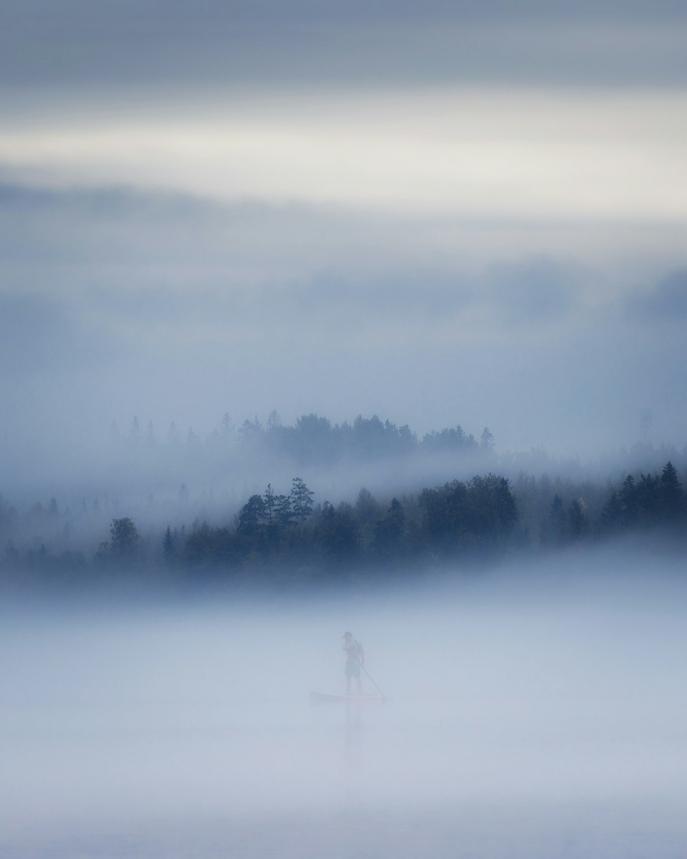 a person standing in the middle of a foggy field