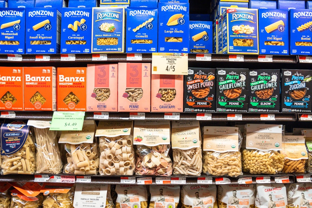 a store shelf filled with lots of different types of food