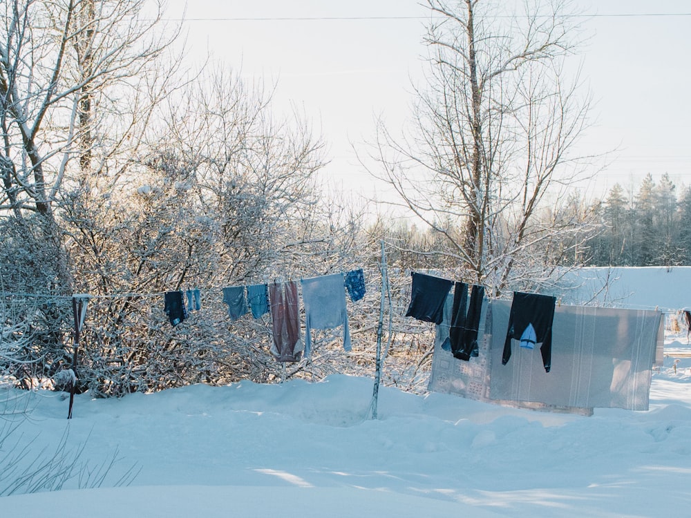 clothes hanging out to dry in the snow