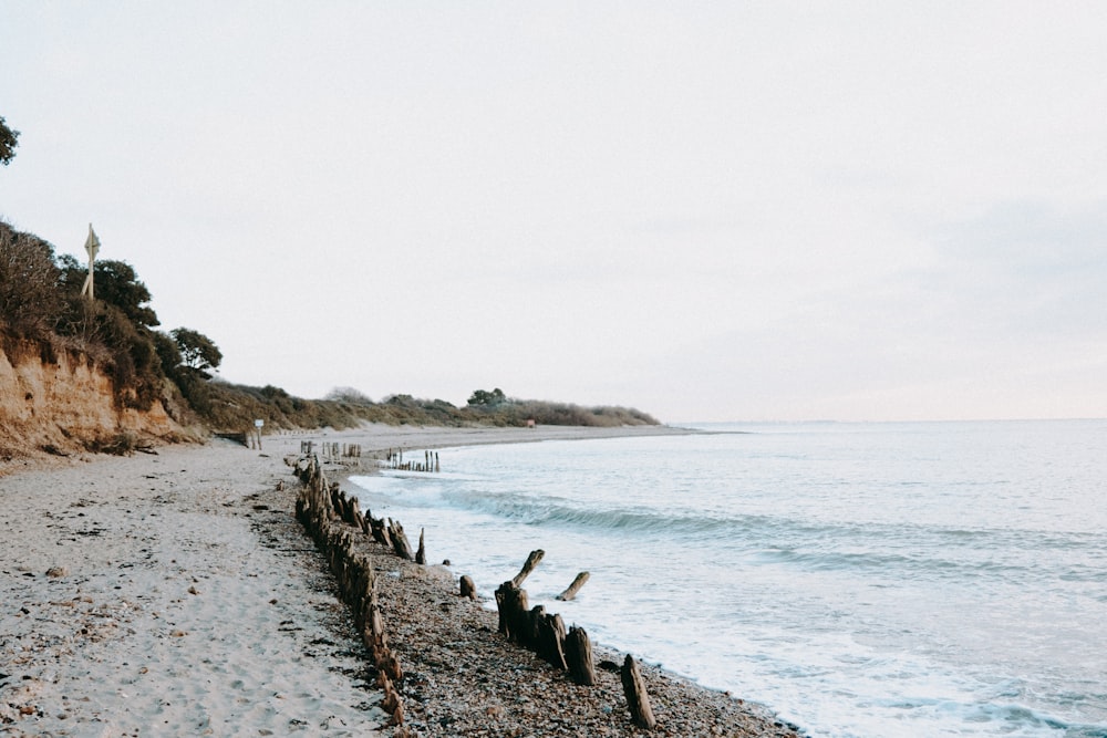 a beach next to a cliff with a body of water in the background