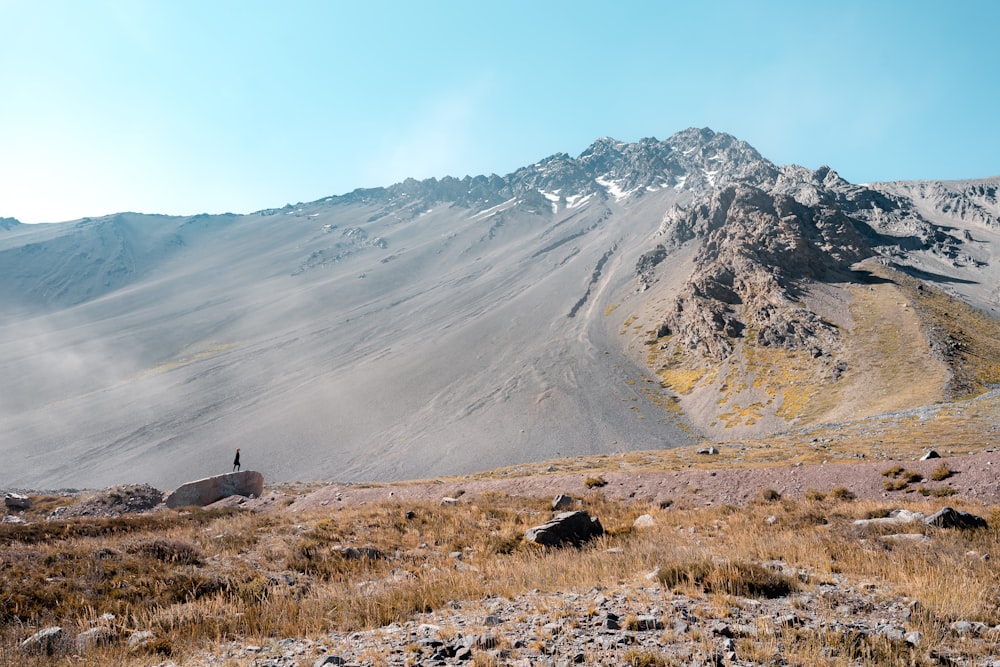 a man standing on top of a dry grass covered hillside