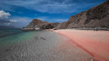 a beach with a pink sand and a mountain in the background