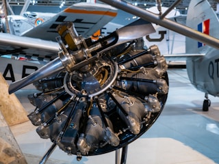 a close up of a jet engine on display