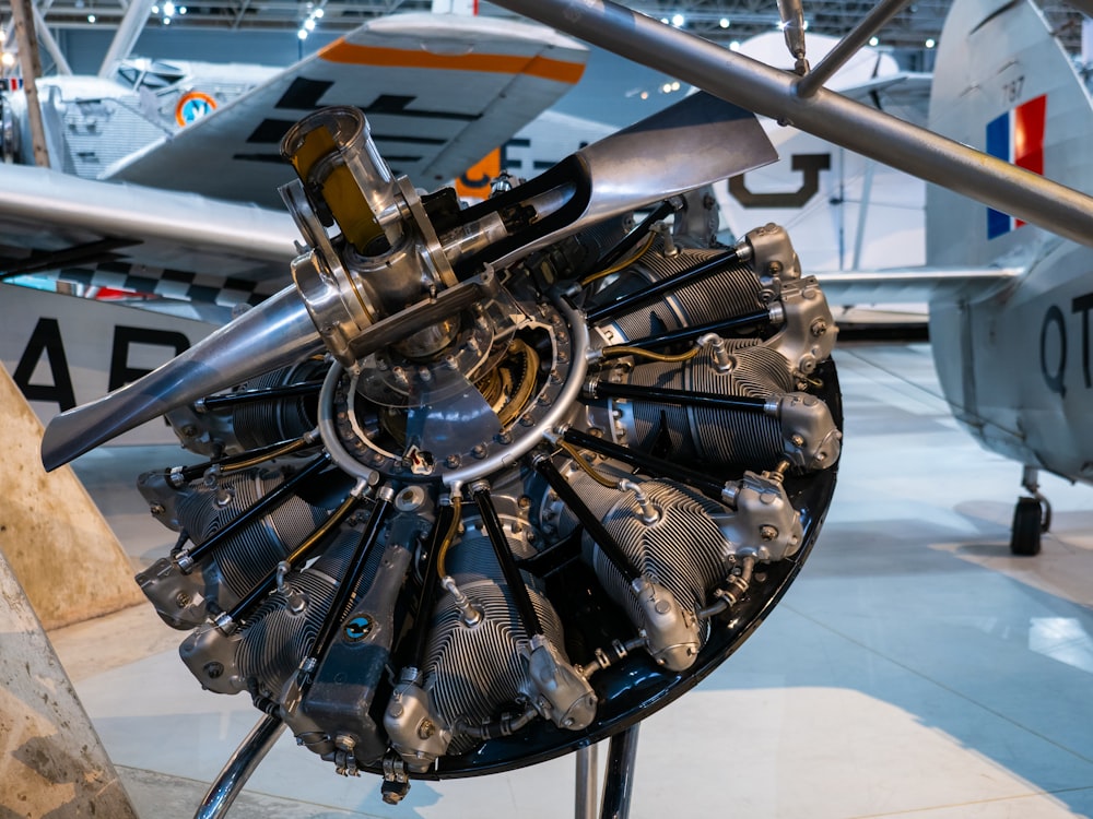 a close up of a jet engine on display