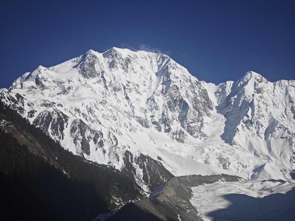 a snow covered mountain with a blue sky in the background