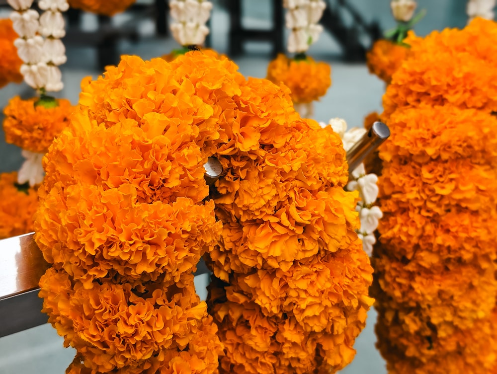 a bunch of orange flowers hanging from a metal hook