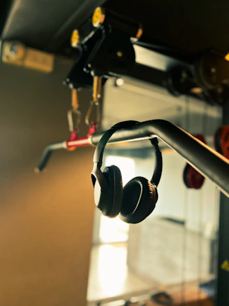 a pair of headphones hanging from the ceiling