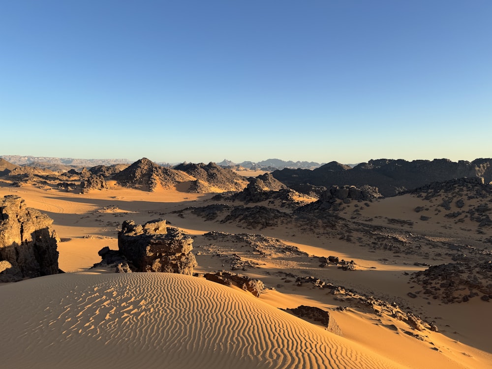 a view of a desert with mountains in the background
