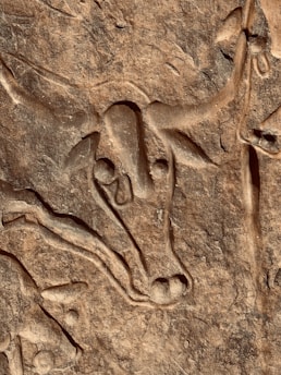 an animal carving on a rock wall
