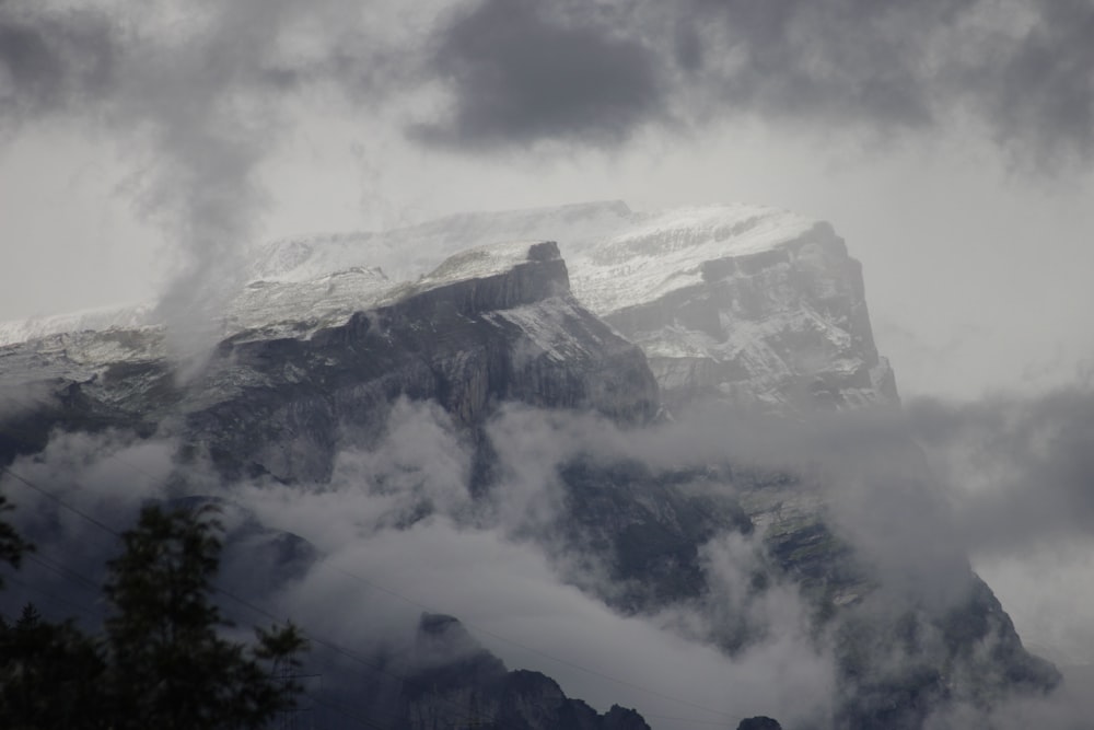 a mountain covered in snow and clouds under a cloudy sky