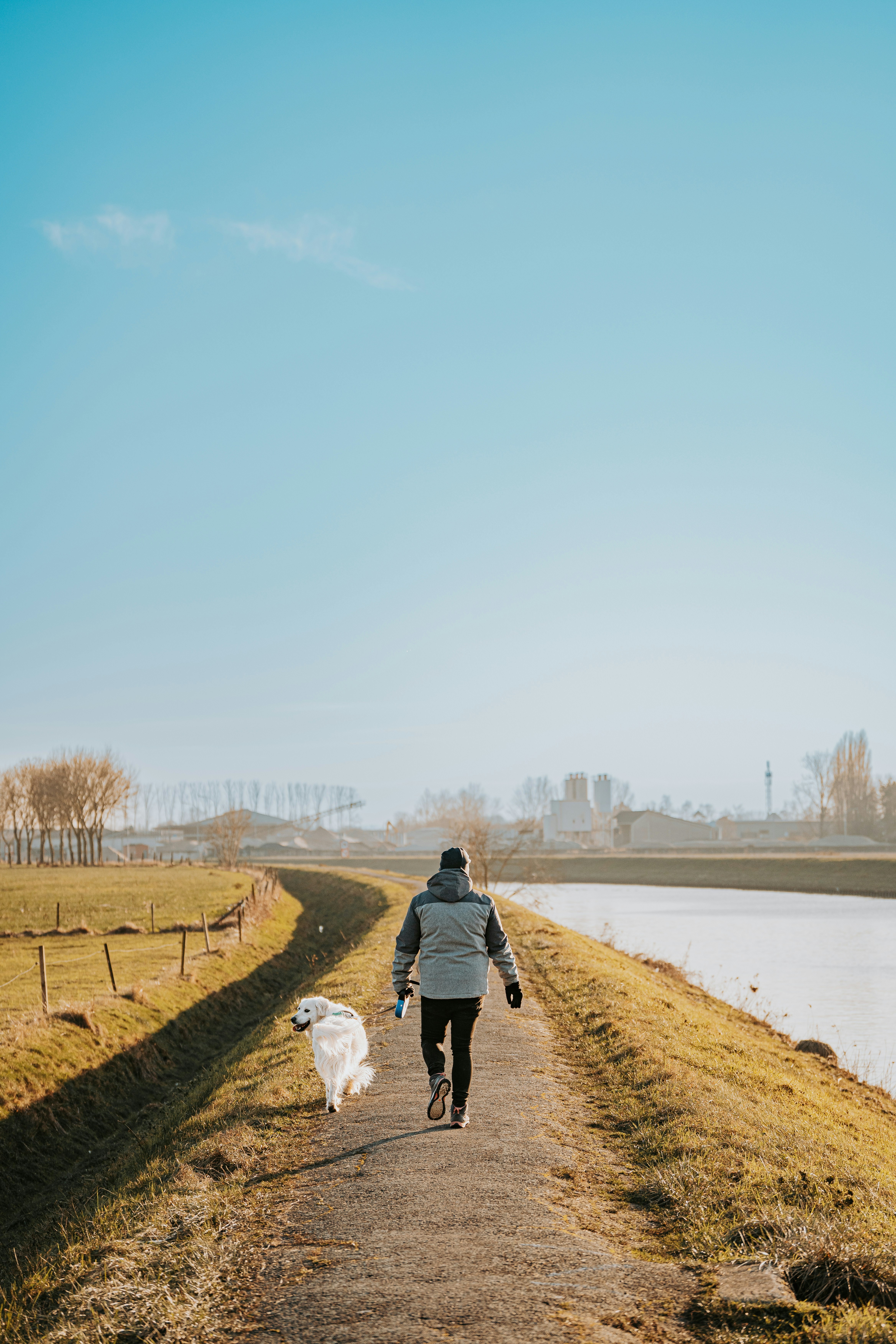 a person walking a dog down a dirt road
