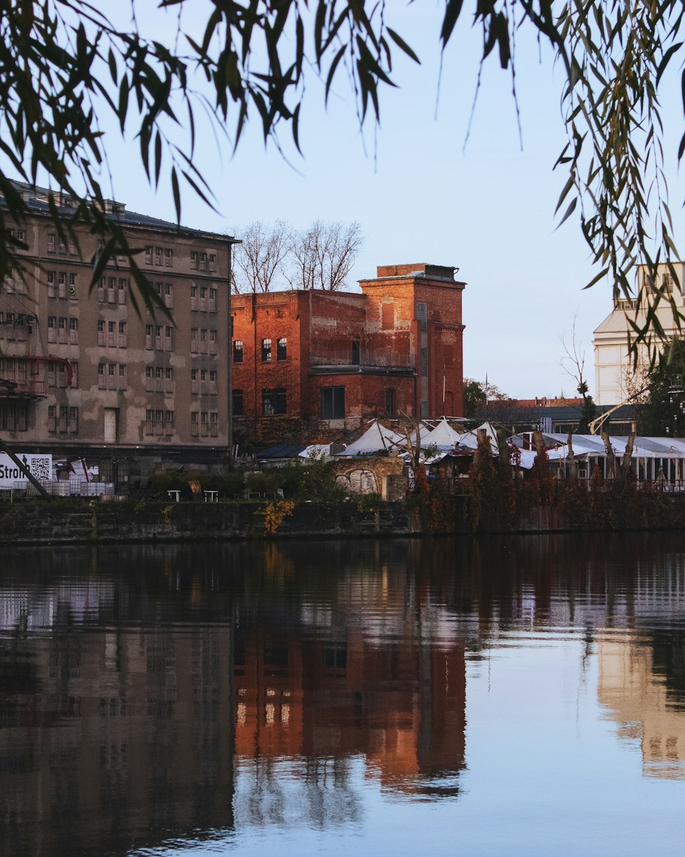 a body of water with buildings in the background