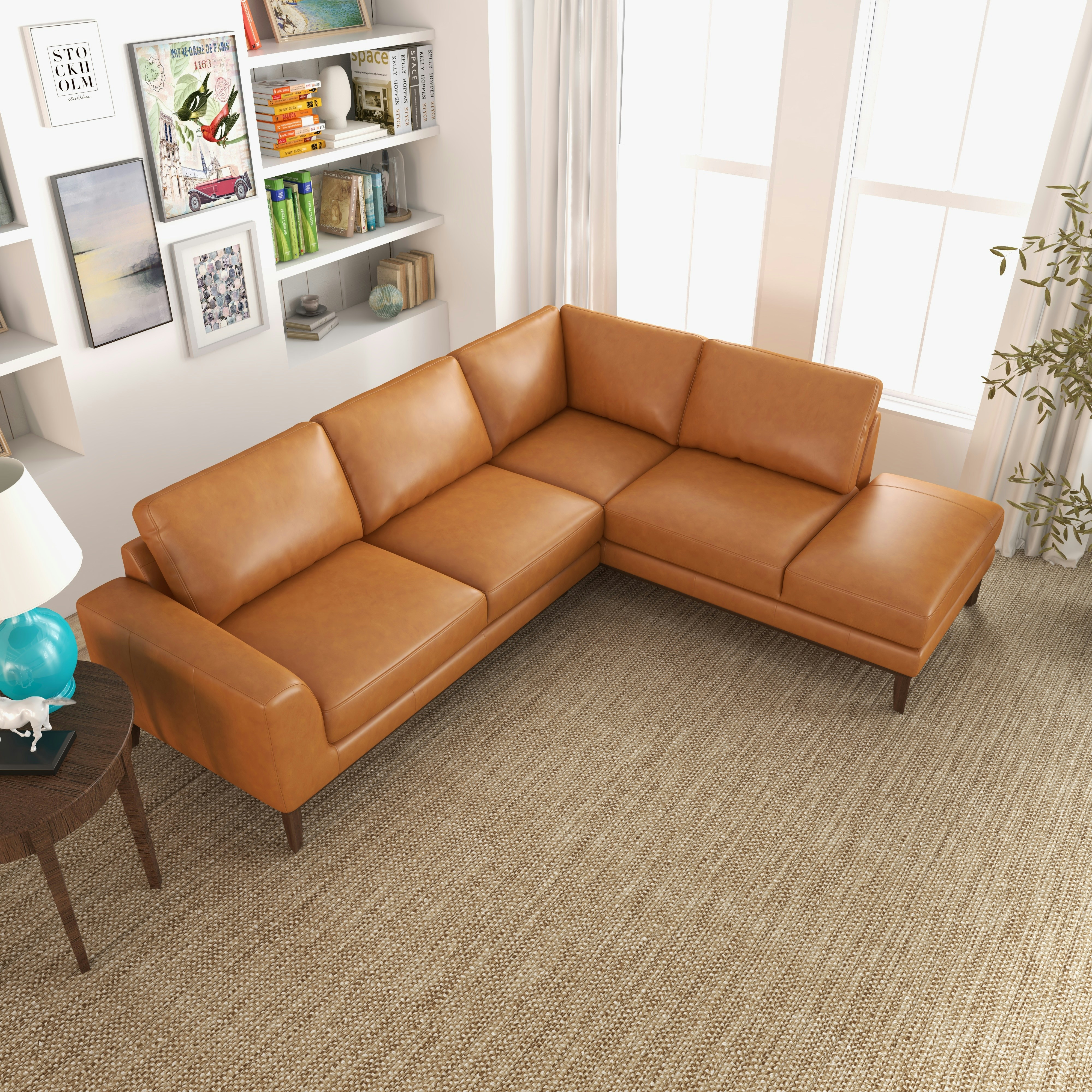 a living room with a couch and a table