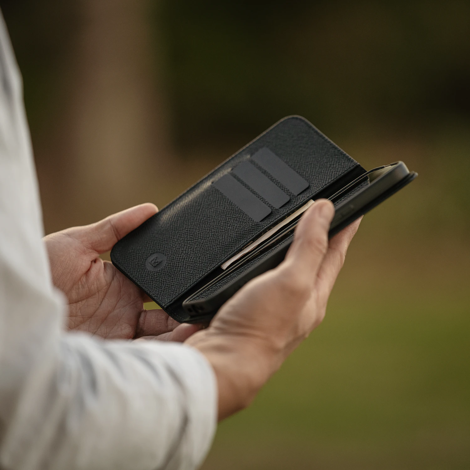 Leather Folio in Black, opened to its two card slots — sold out