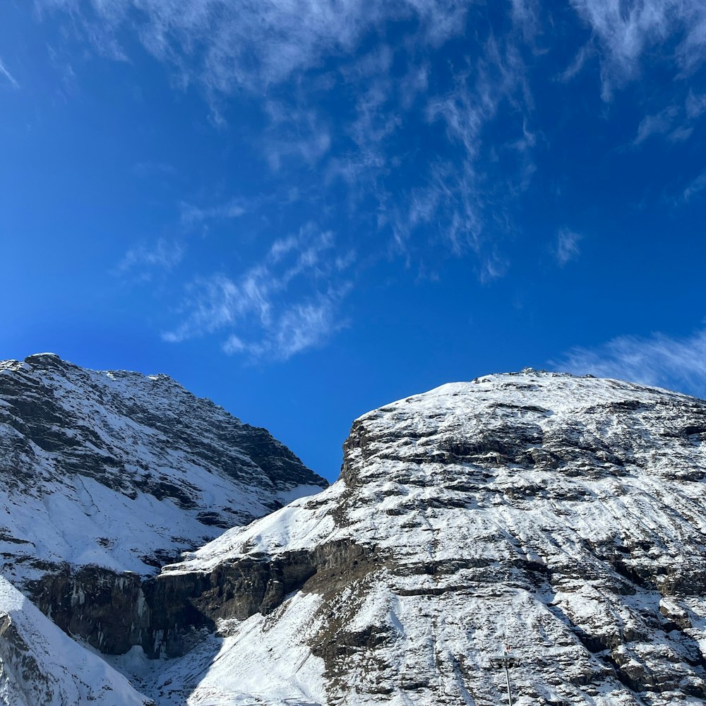 a snow covered mountain with a blue sky in the background