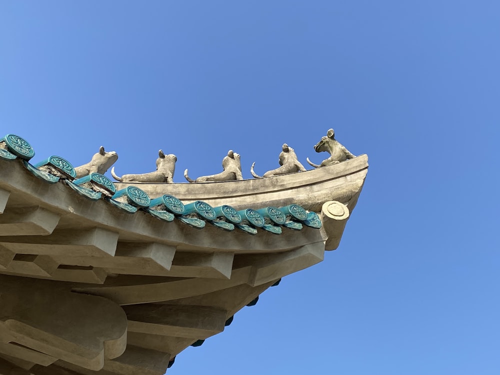 지붕 위에 앉아있는 한 무리의 새들