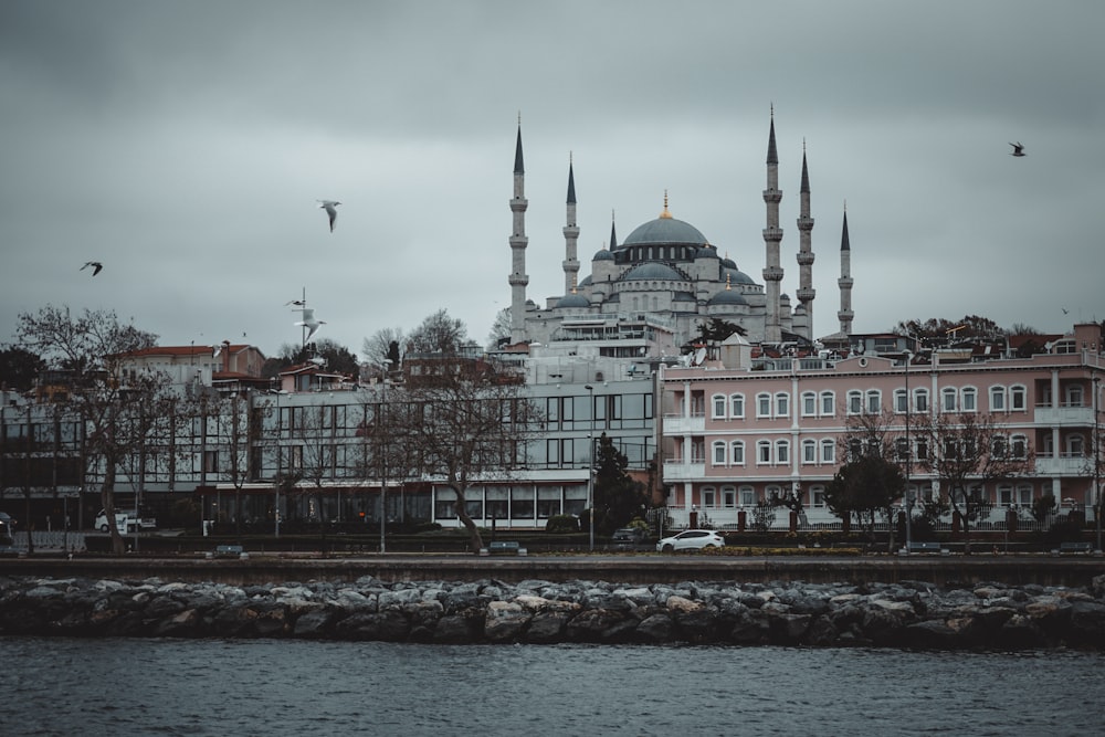 a view of a large building from across the water